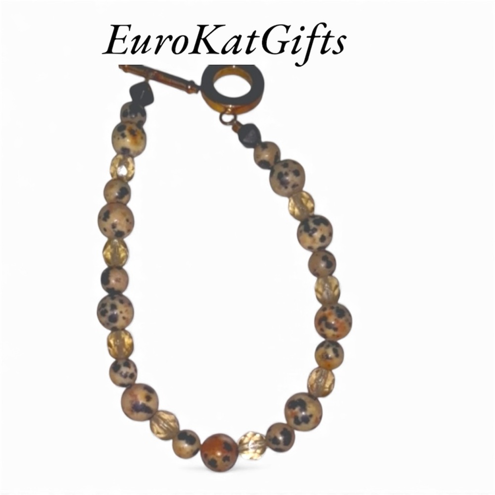 Pretty Beaded Bracelet Semi precious Dalmatian Jasper Amber crystal T clasp NEW